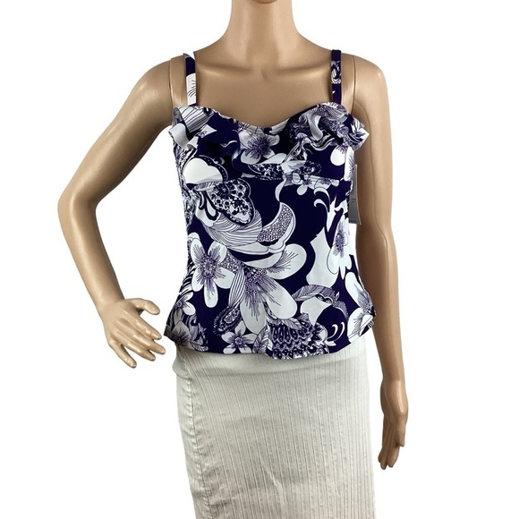 Island Escape Tahiti Bandini Swim Tankini Top Size 6 Blue Floral - Picture 1 of 7